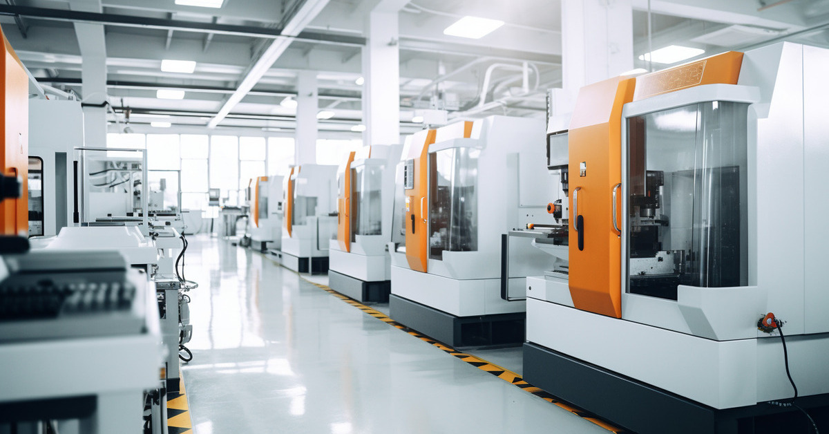 High-precision CNC machine in a modern machine shop, cutting a metal part with automated precision.
